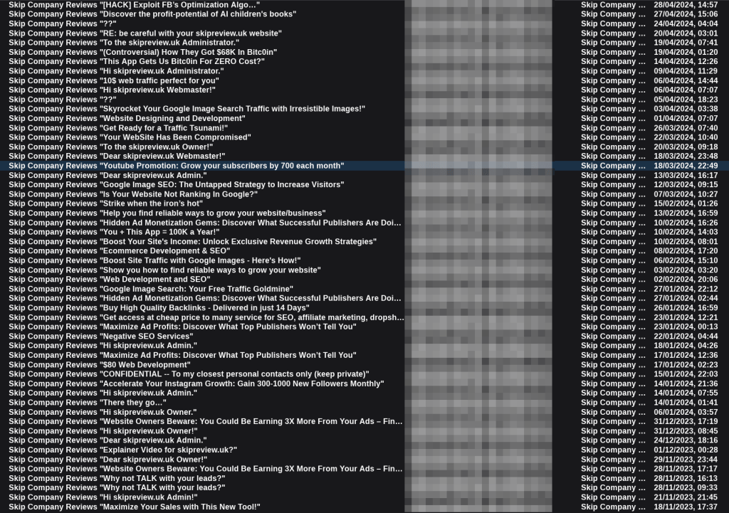Sample list of received contact form submissions from the spam trap site